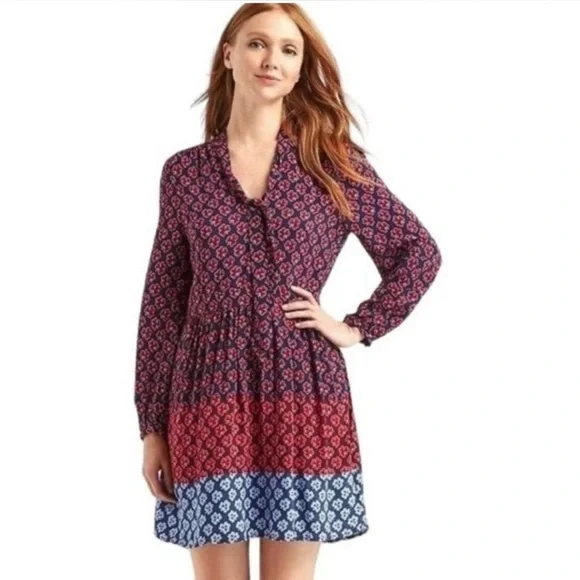 Gap Shamrock Clover Patterning Tie Neck Long Sleeve Dress SZ 6 - Picture 1 of 6